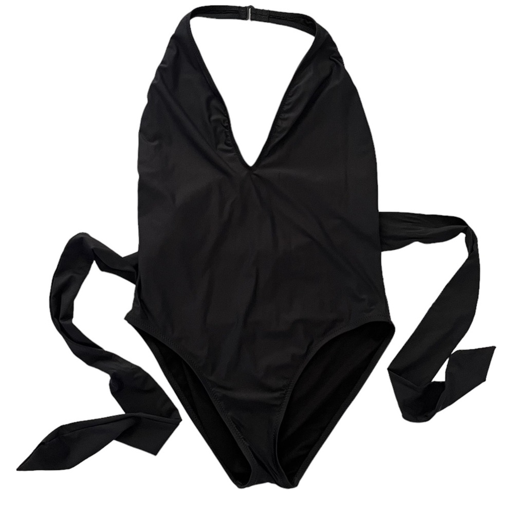 J. Crew Black One Piece Swimsuit Tie Back Halter Top Size 12